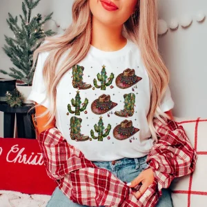 Merry Christmas Fashionable Women's Printed Sweet Trendy Clothing Short Sleeves Retro New Year Happy Printed Pattern Cute Top T-