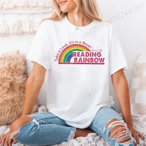 Take A Look It's in A Book Women's T-shirt Casual Reading Rainbow Print Tshirt Comfortable Casual Women's Clothing Book Club Top